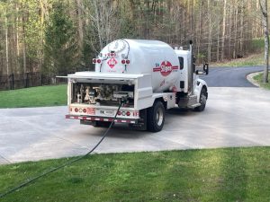 Kova Silgas propane truck refilling propane at a residence
